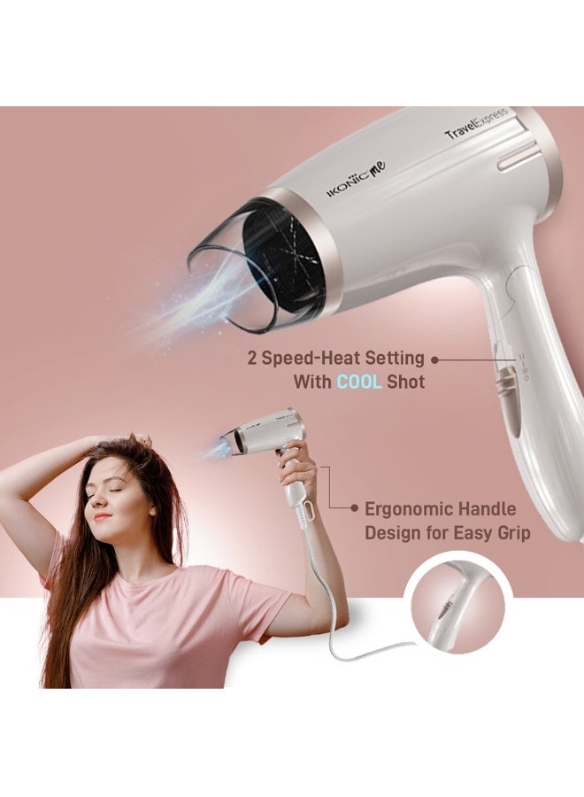 أي كونيك مجفف شعر إيكونيك ترافل إكسبريس قابل للطي، باللون الأبيض والذهبي الوردي، بقدرة 1400 واط، تصميم مدمج وخفيف الوزن، إعدادان قابلان للتعديل للسرعة، تشغيل منخفض الضوضاء، تجفيف سريع، مناسب للسفر، مناسب للرجال والنساء، مناسب لجميع أنواع الشعر - Image 4